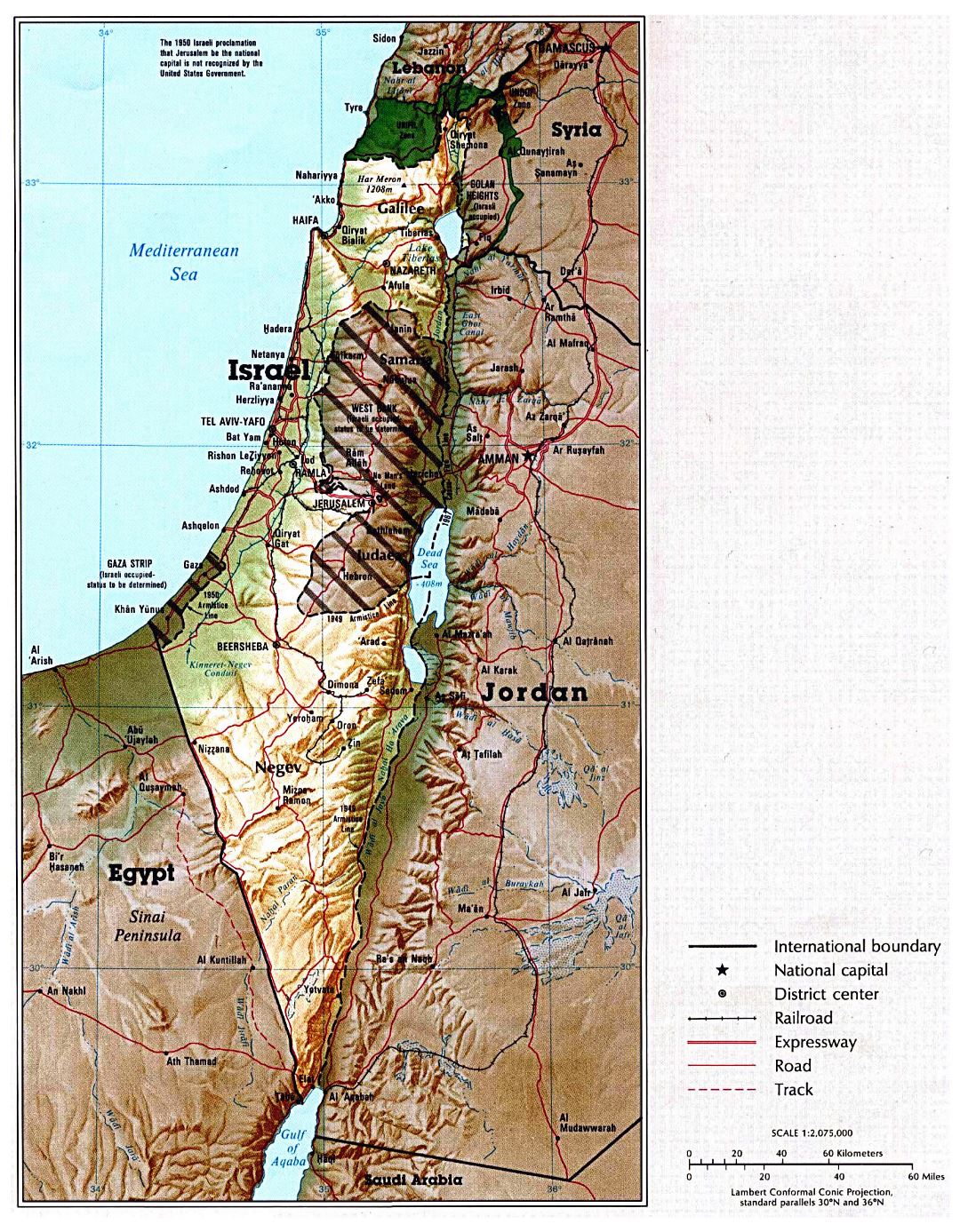 Grande mapa político de Israel con relieve, carreteras, ferrocarriles y grandes ciudades