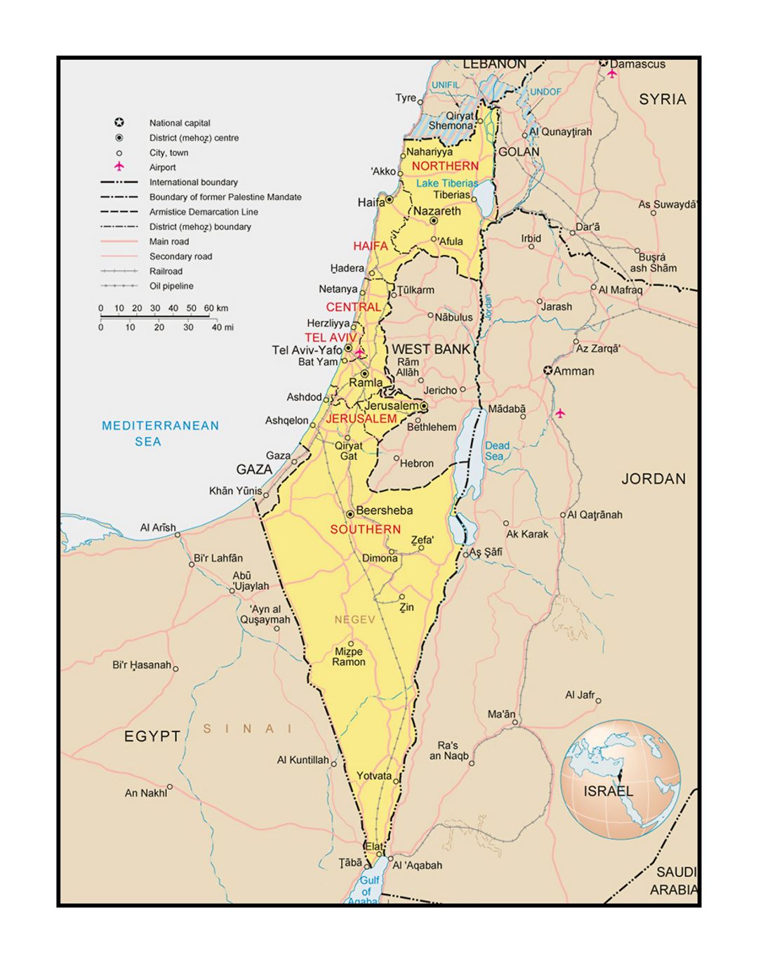 Mapa político y administrativo de Israel con carreteras, ciudades, aeropuertos y otras marcas