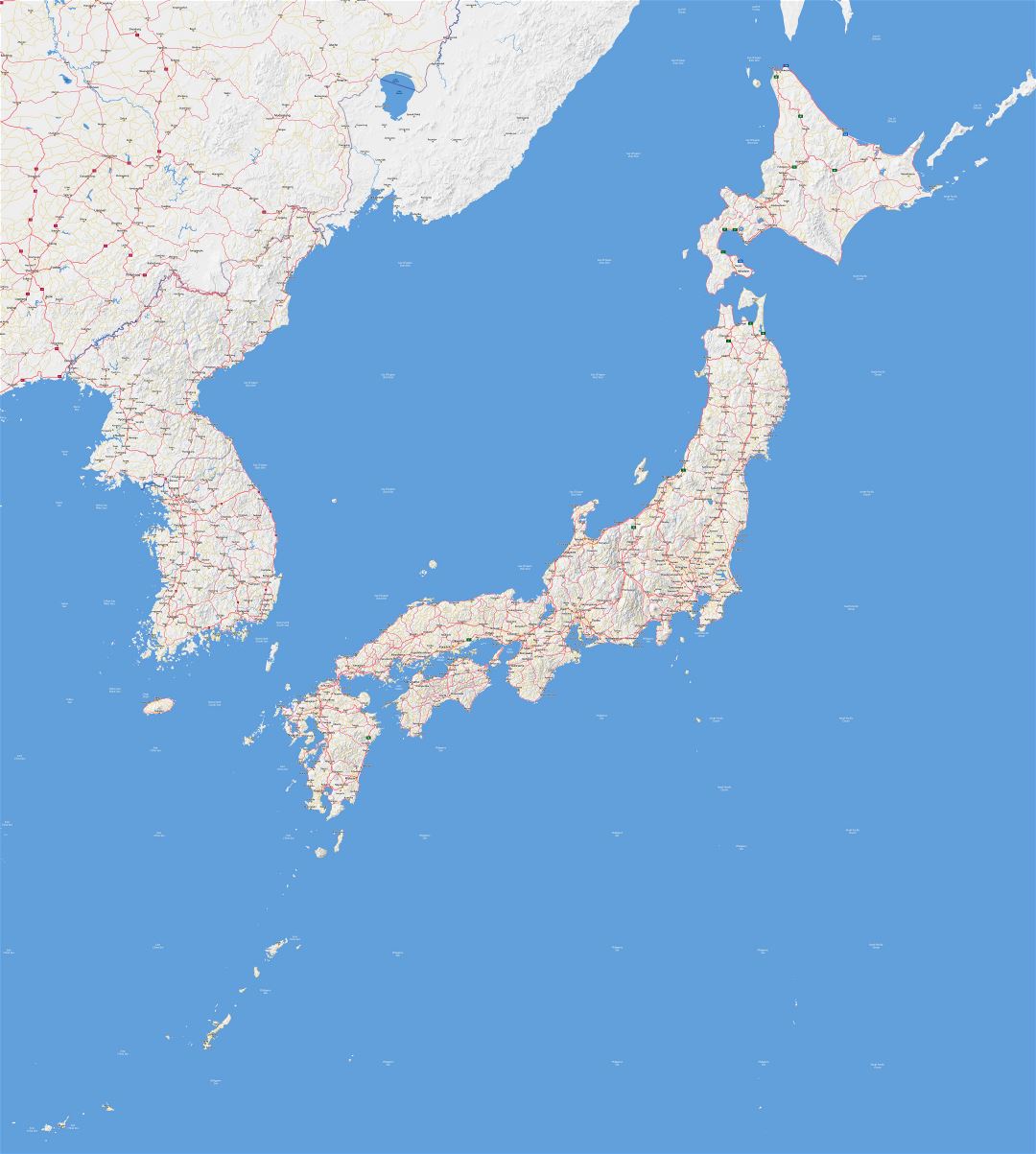 A gran escala mapa de carreteras de Japón con relieve y todas las ciudades