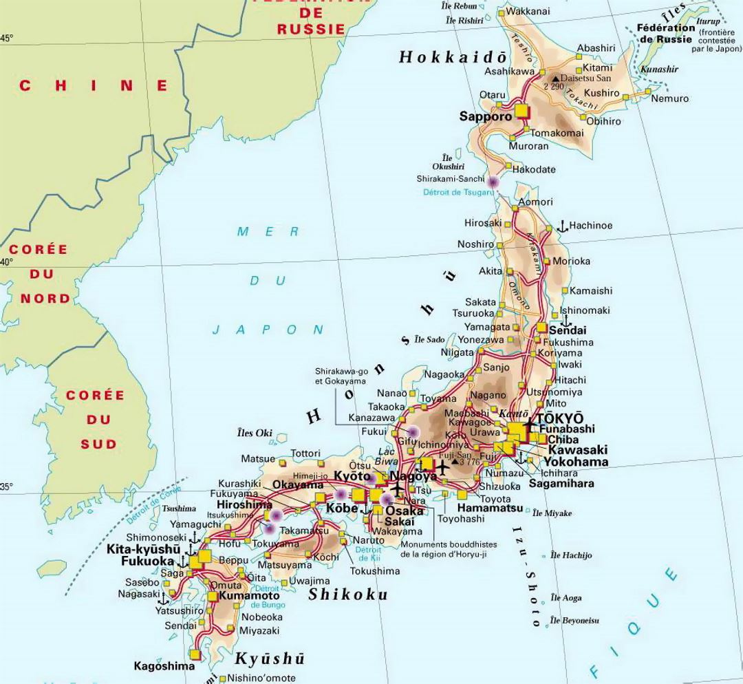 Detallado mapa de elevación de Japón con carreteras, ciudades y aeropuertos