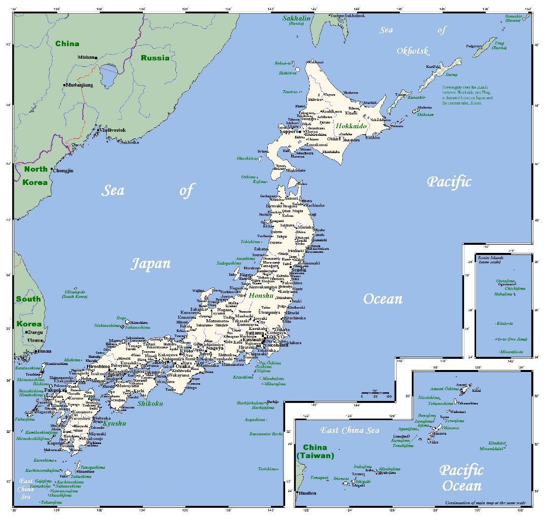 Detallado mapa de Japón con ciudades