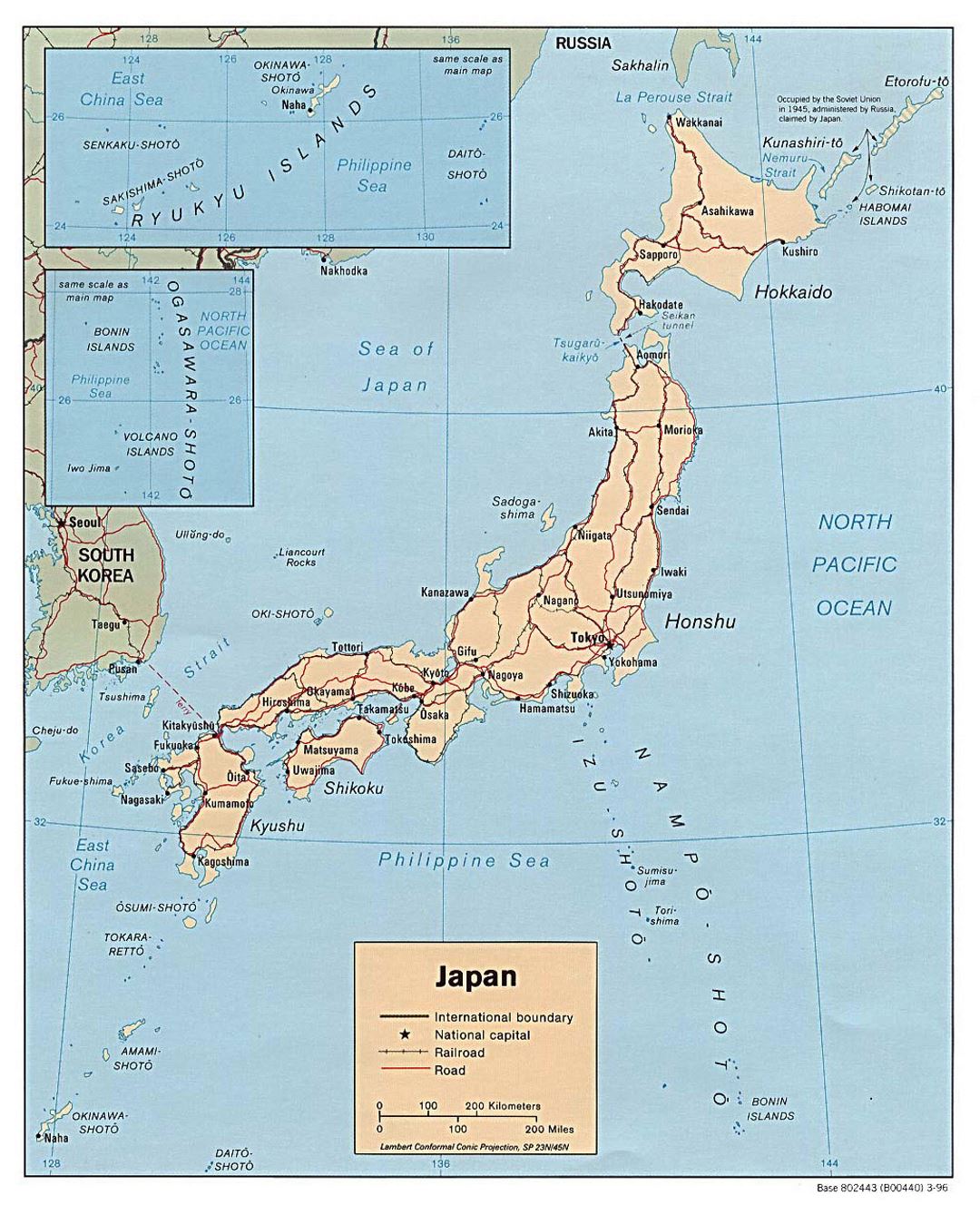 Detallado mapa político de Japón con carreteras, ferrocarriles y principales ciudades - 1996