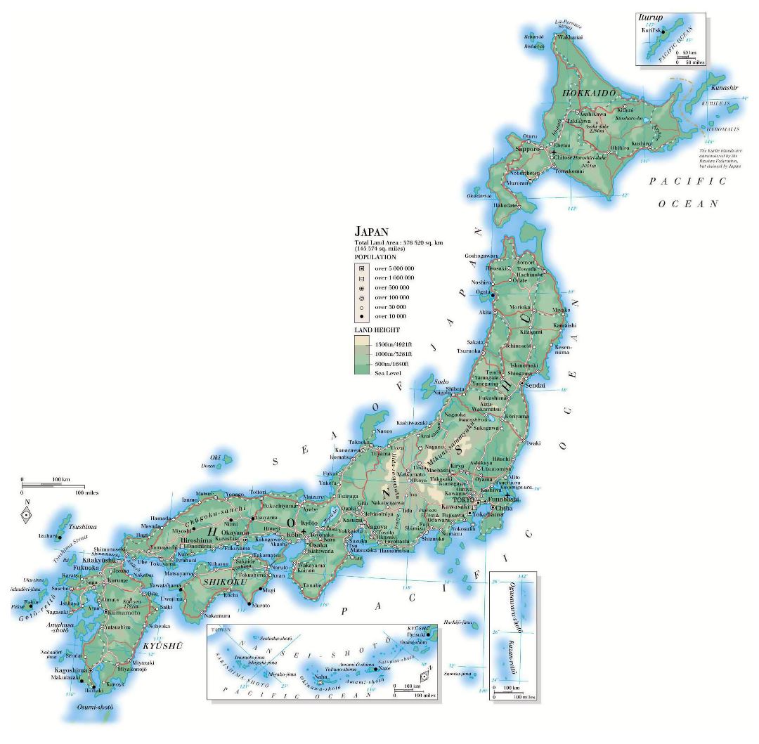 Grande detallado mapa de elevación de Japón con carreteras, ciudades y aeropuertos