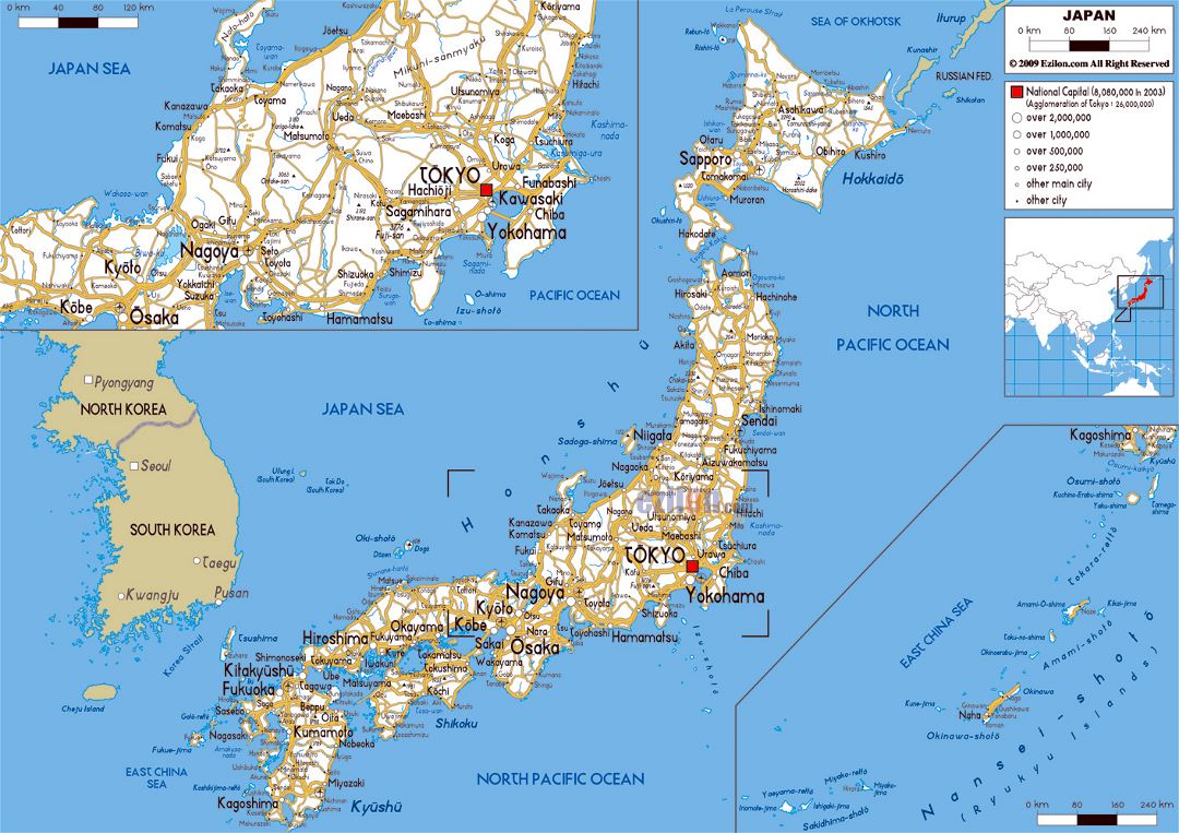 Grande mapa de carreteras de Japón con ciudades y aeropuertos