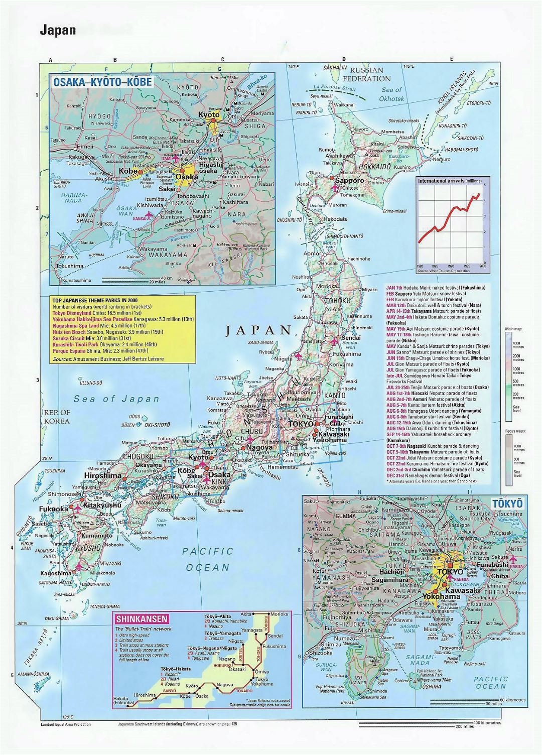 Grande mapa de Japón con relieve, carreteras, ciudades y aeropuertos