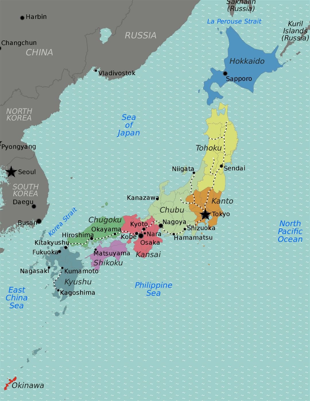 Grande mapa de regiones de Japón