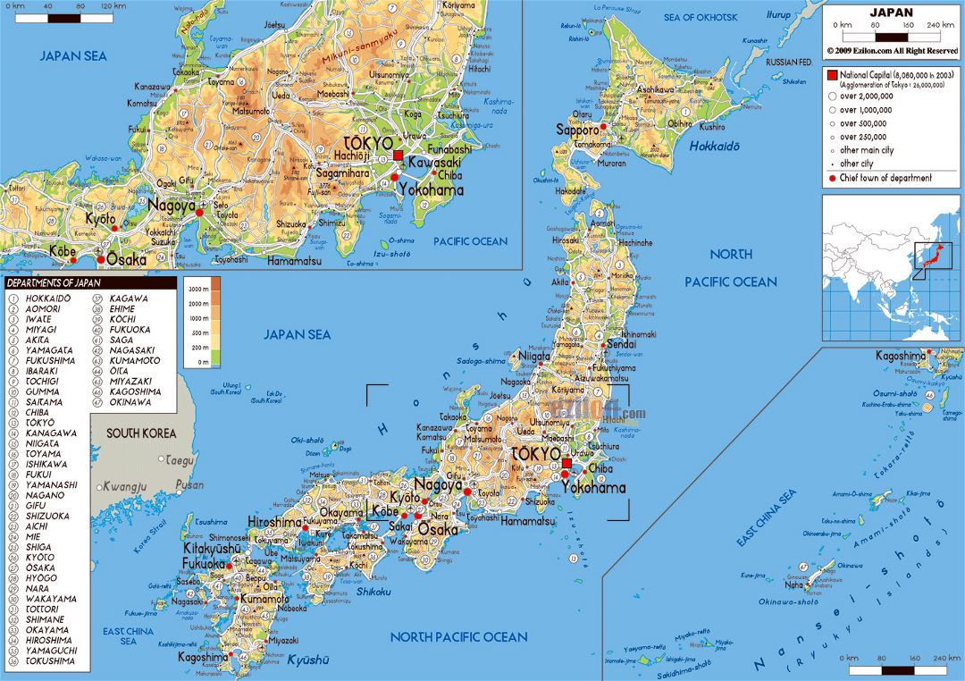 Grande mapa físico de Japón con carreteras, ciudades y aeropuertos