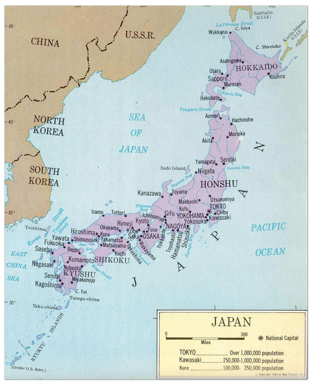 Grande mapa político de Japón con principales ciudades - 1965