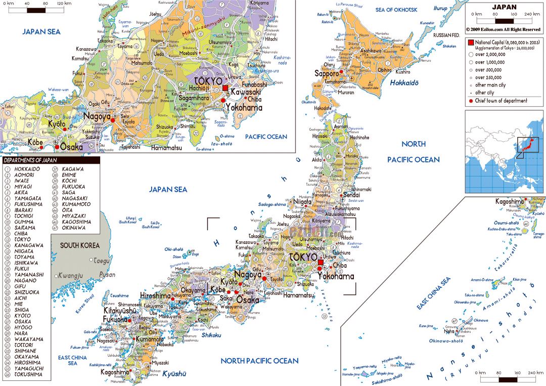 Grande mapa político y administrativo de Japón con carreteras, ciudades y aeropuertos