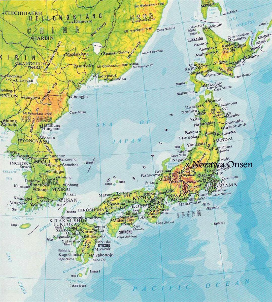 Mapa de elevación de Japón con carreteras y ciudades