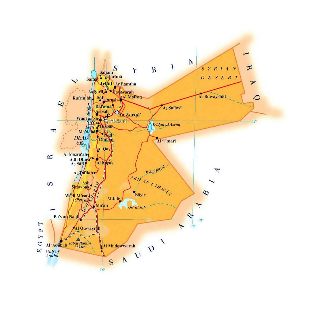 Detallado mapa de elevación de Jordania con carreteras, ferrocarriles, ciudades y aeropuertos