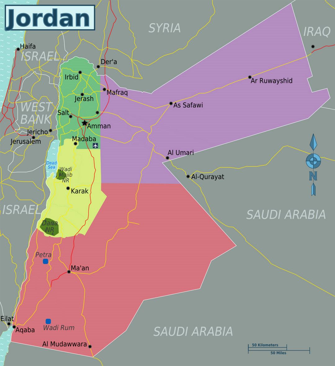 Detallado mapa de regiones de Jordania