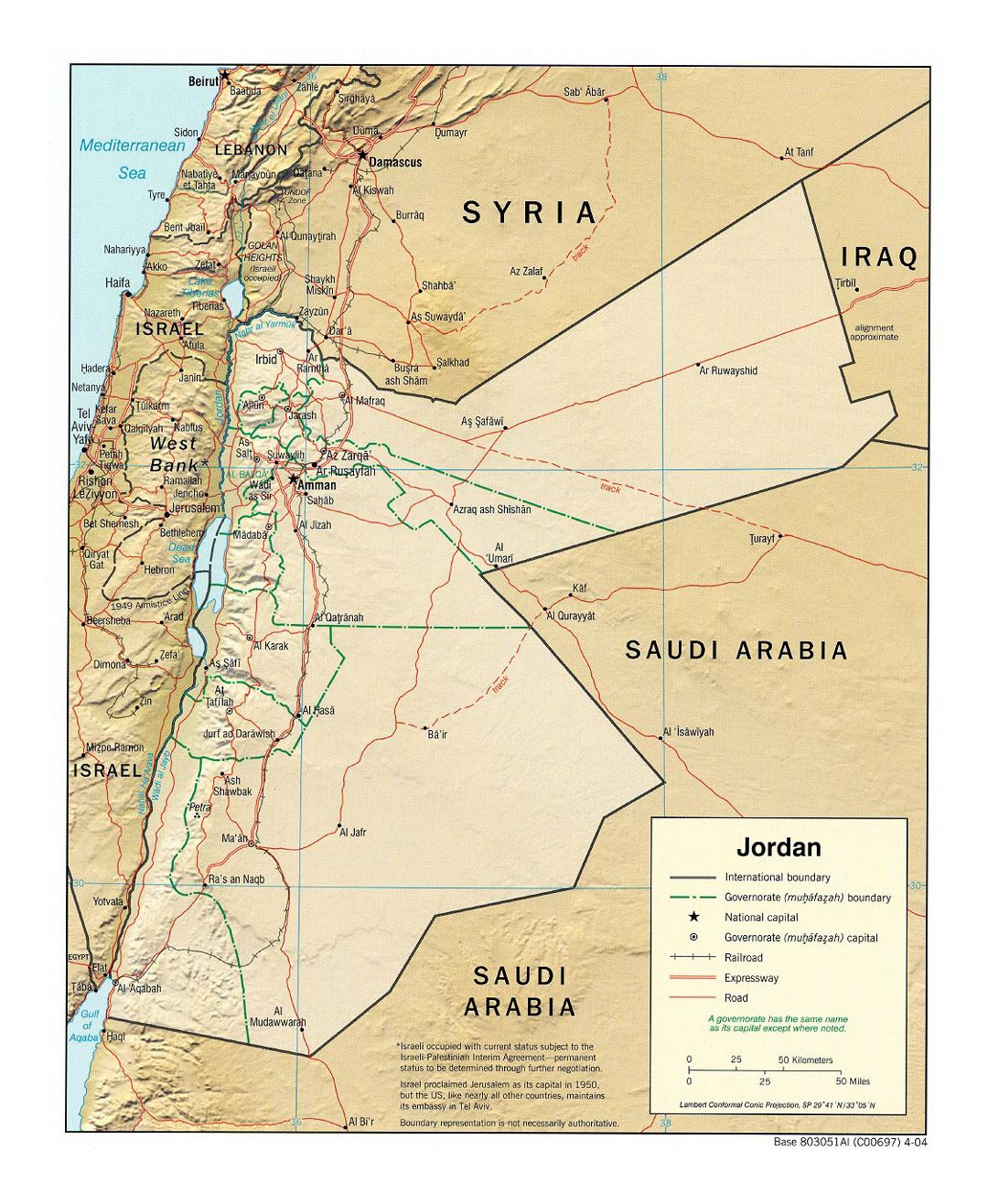 Detallado mapa político y administrativo de Jordania con socorro, carreteras, ferrocarriles y principales ciudades - 2004