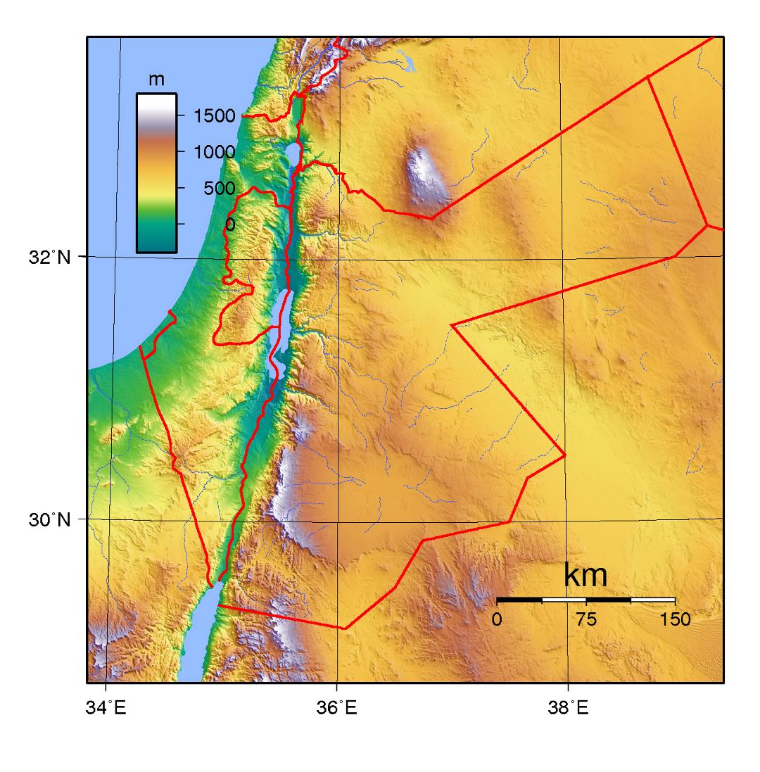 Detallado mapa topográfico de Jordania