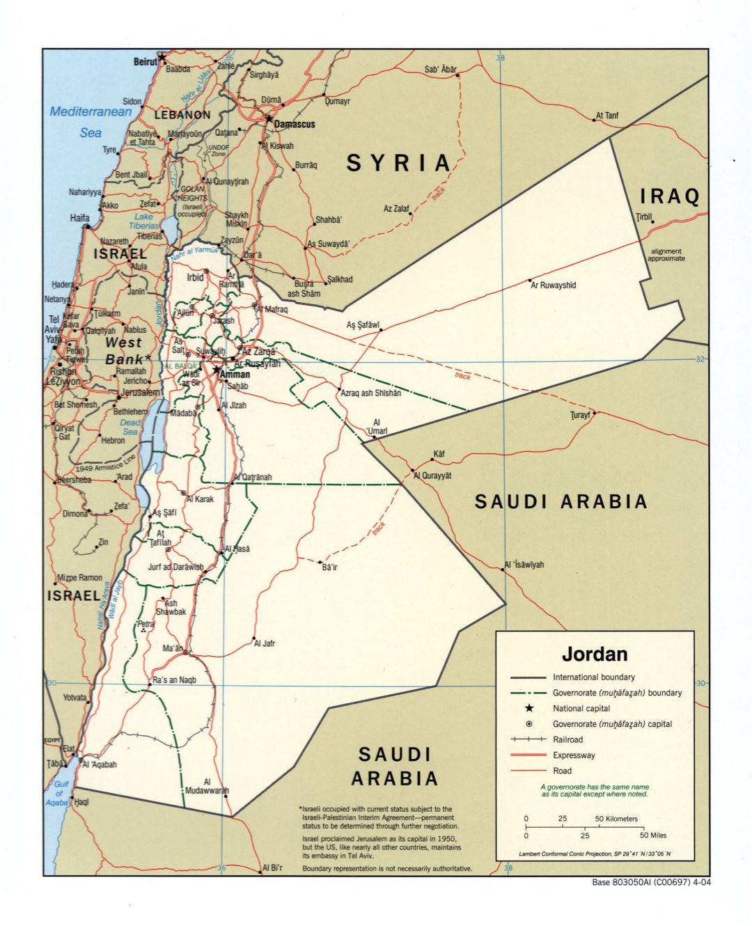 Grande detallado mapa político y administrativo de Jordania con carreteras, ferrocarriles y principales ciudades - 2004