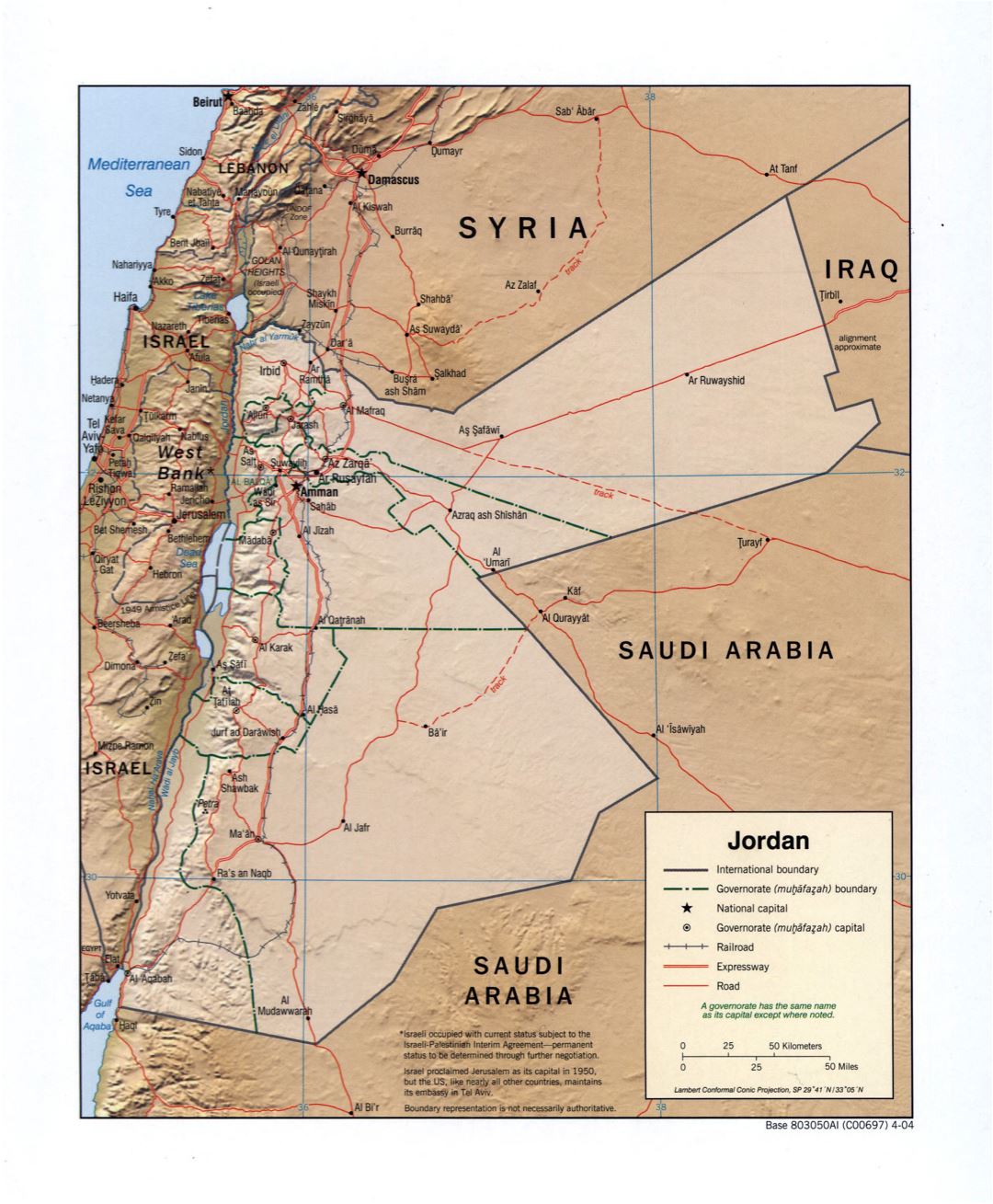 Grande detallado mapa político y administrativo de Jordania con socorro, carreteras, ferrocarriles y principales ciudades - 2004