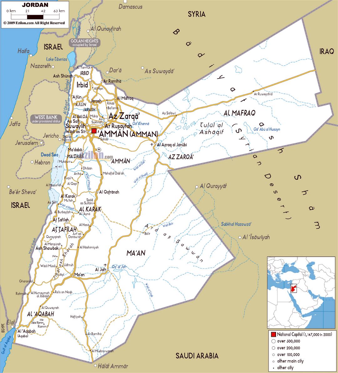 Grande mapa de carreteras de Jordania con ciudades y aeropuertos