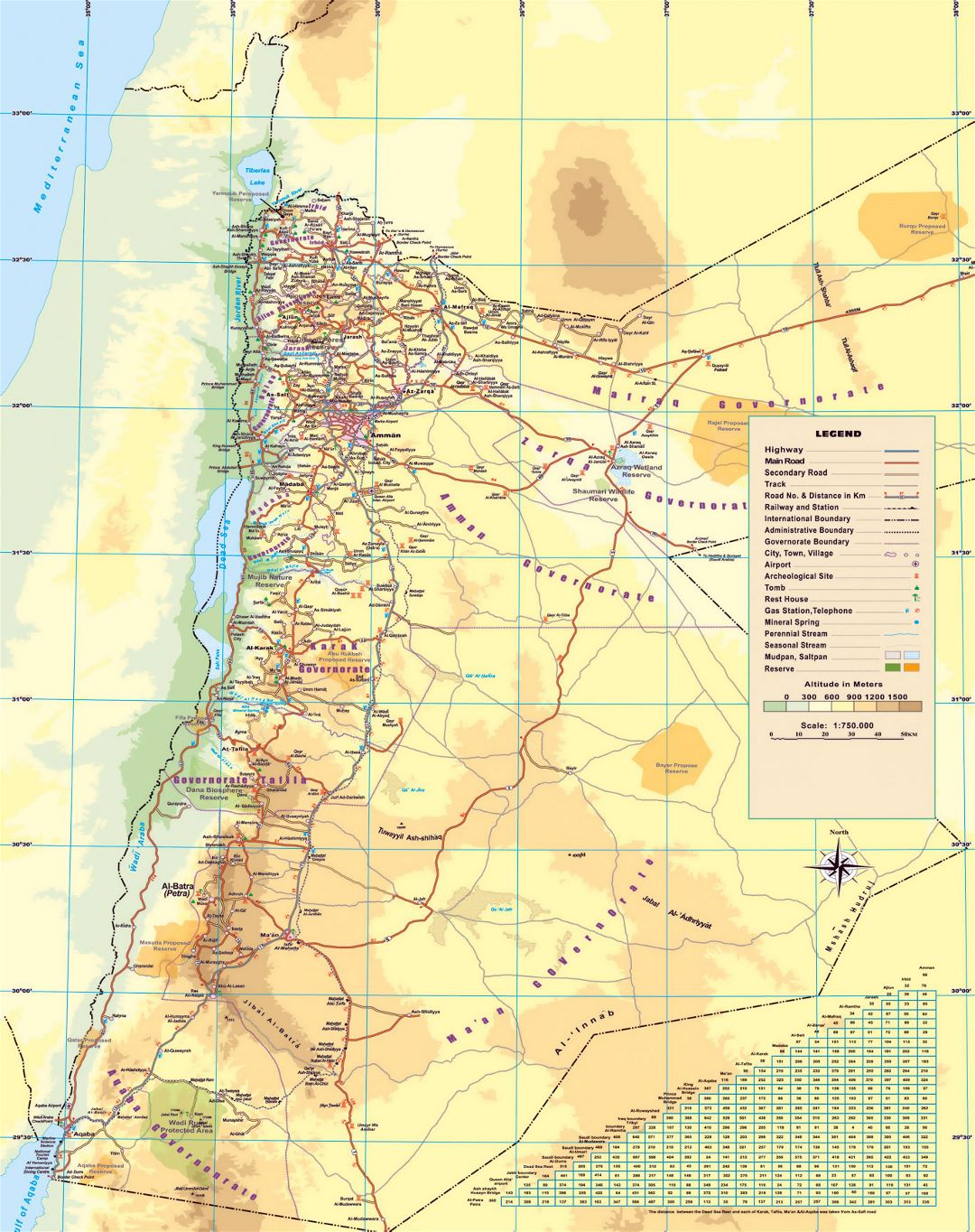 Grande mapa de elevación de Jordania con carreteras, ciudades, aeropuertos y otras marcas