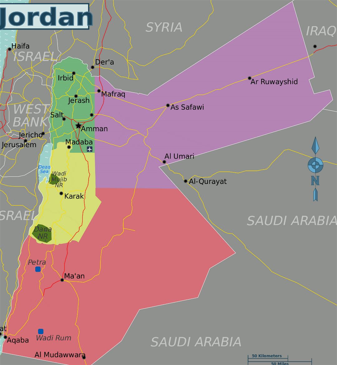 Grande mapa de regiones de Jordania