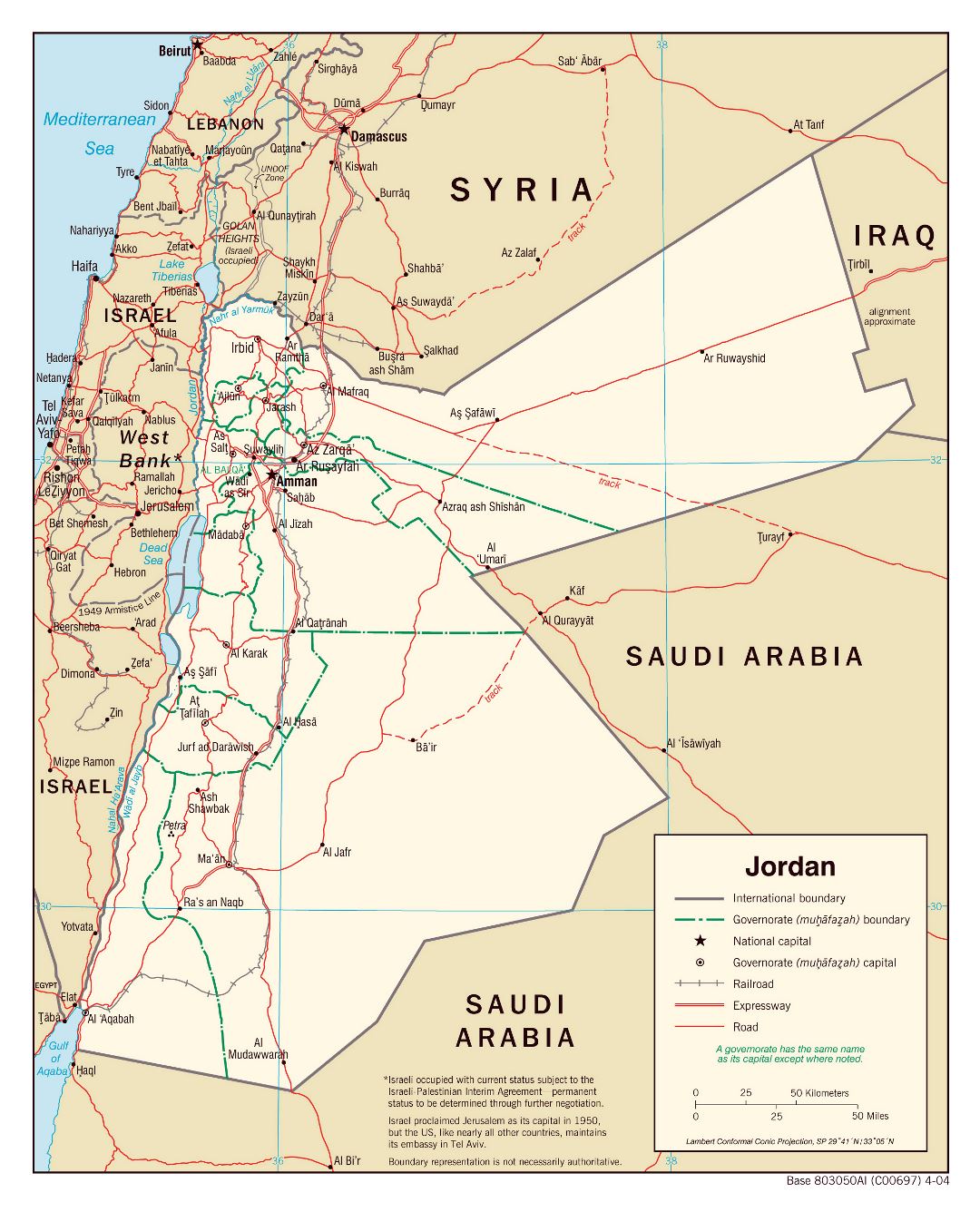 Grande mapa político y administrativo de Jordania con carreteras, ferrocarriles y principales ciudades - 2004