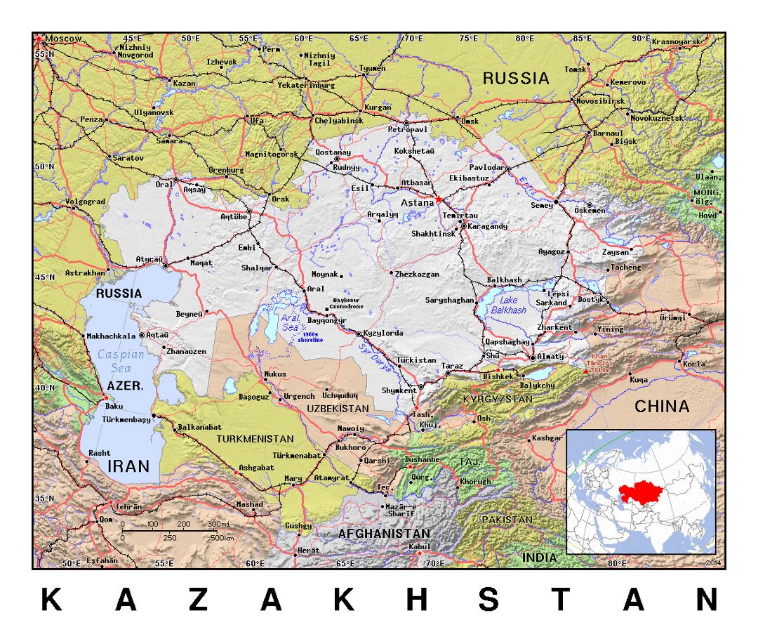 Detallado mapa político de Kazajstán con relieve