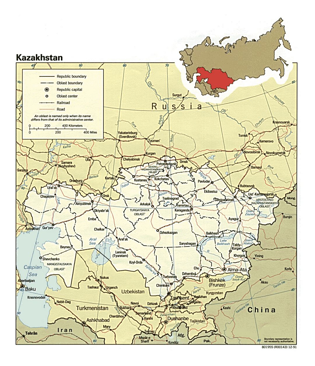 Detallado mapa político y administrativo de Kazajstán con carreteras, ferrocarriles y ciudades - 1991