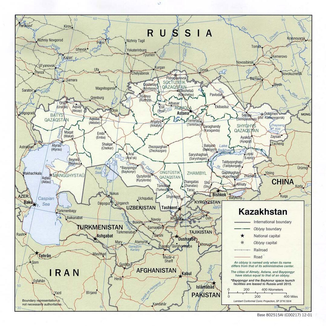 Detallado mapa político y administrativo de Kazajstán con carreteras, ferrocarriles y principales ciudades - 2001