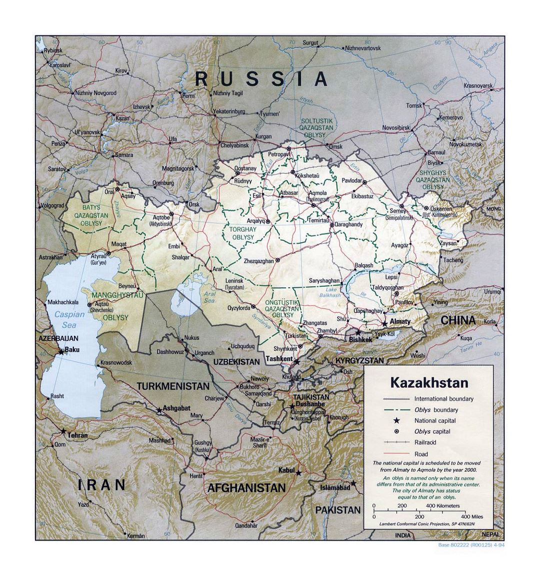 Detallado mapa político y administrativo de Kazajstán con relieve, carreteras, ferrocarriles y principales ciudades - 1994