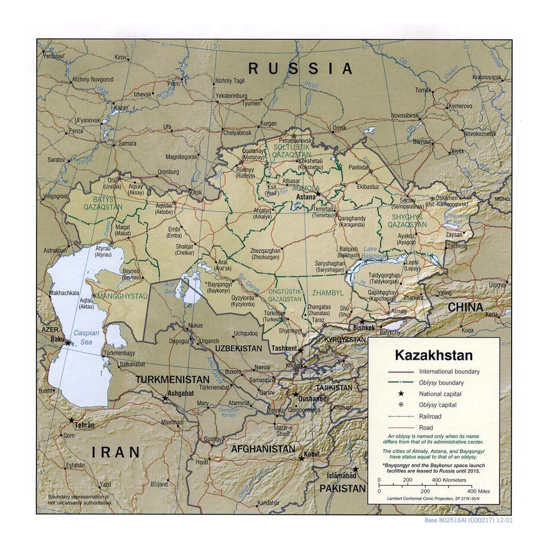Detallado mapa político y administrativo de Kazajstán con relieve, carreteras, ferrocarriles y principales ciudades - 2001