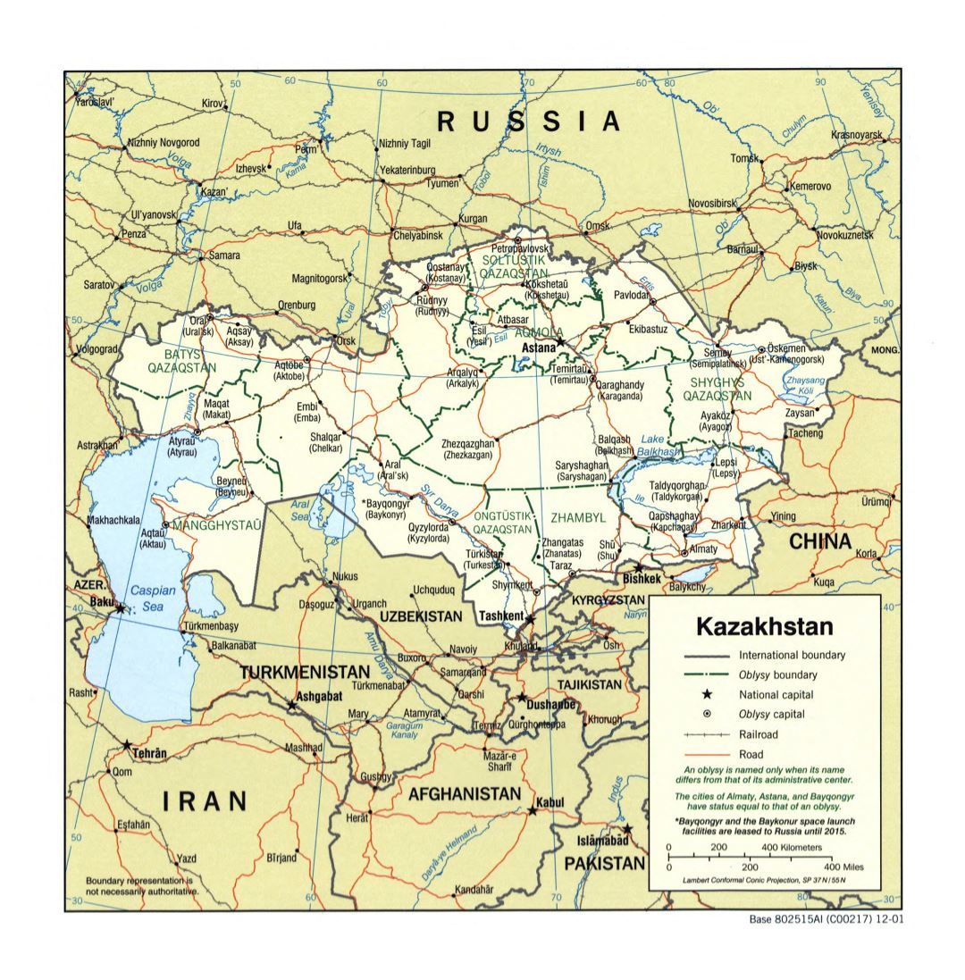 Grande detallado mapa político y administrativo de Kazajstán con carreteras, ferrocarriles y principales ciudades - 2001