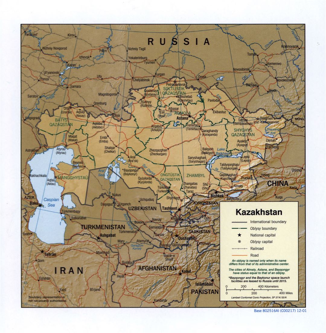 Grande detallado mapa político y administrativo de Kazajstán con relieve, carreteras, ferrocarriles y principales ciudades - 2001