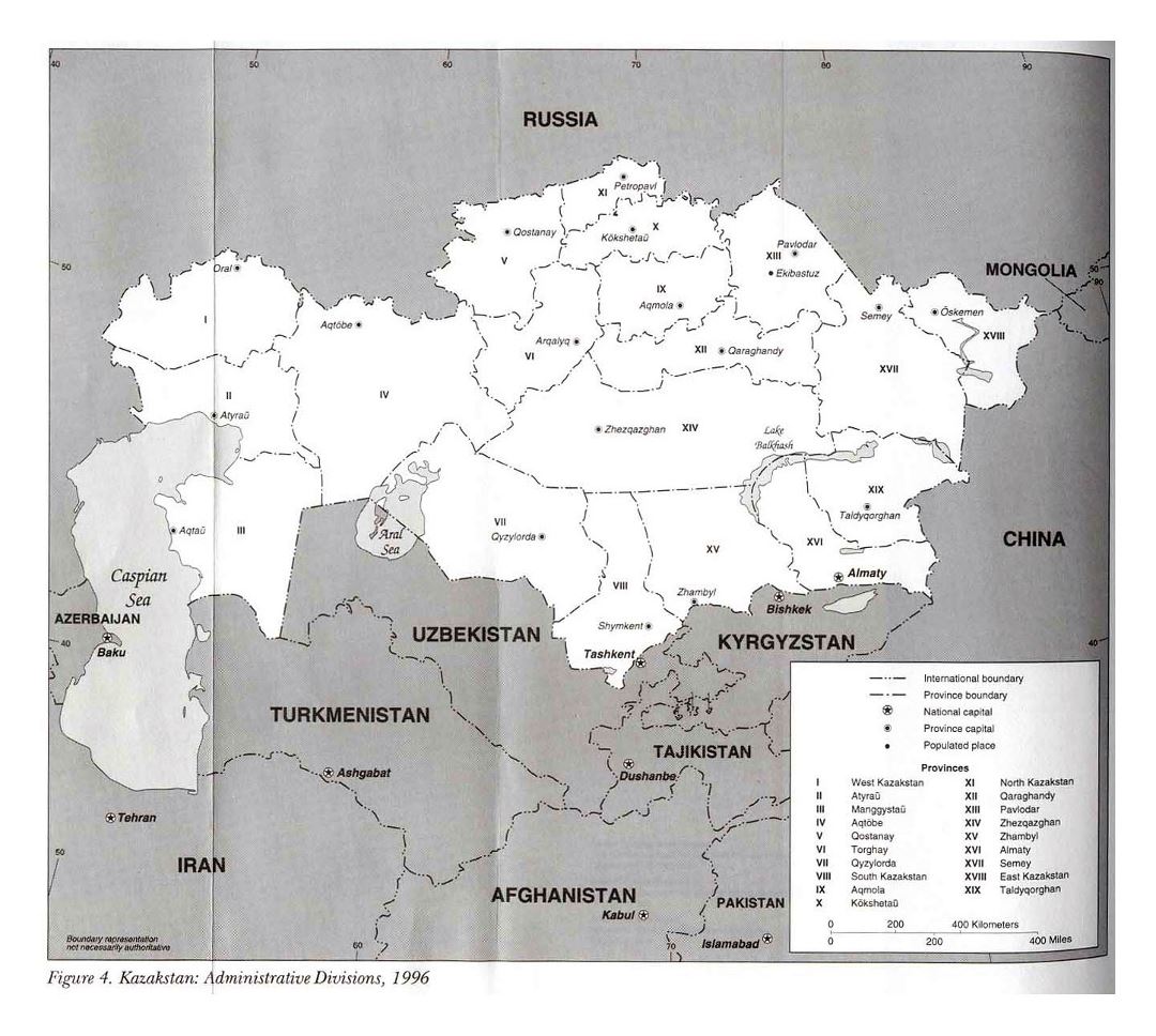 Grande mapa de administrativas divisiones de Kazajstán - 1996