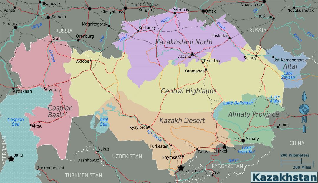Grande mapa de regiones de Kazajstán