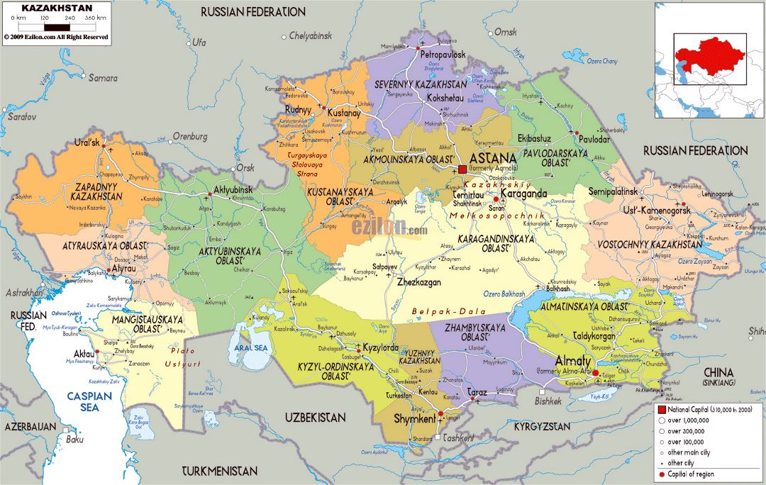 Grande mapa político y administrativo de Kazajstán con carreteras, ciudades y aeropuertos
