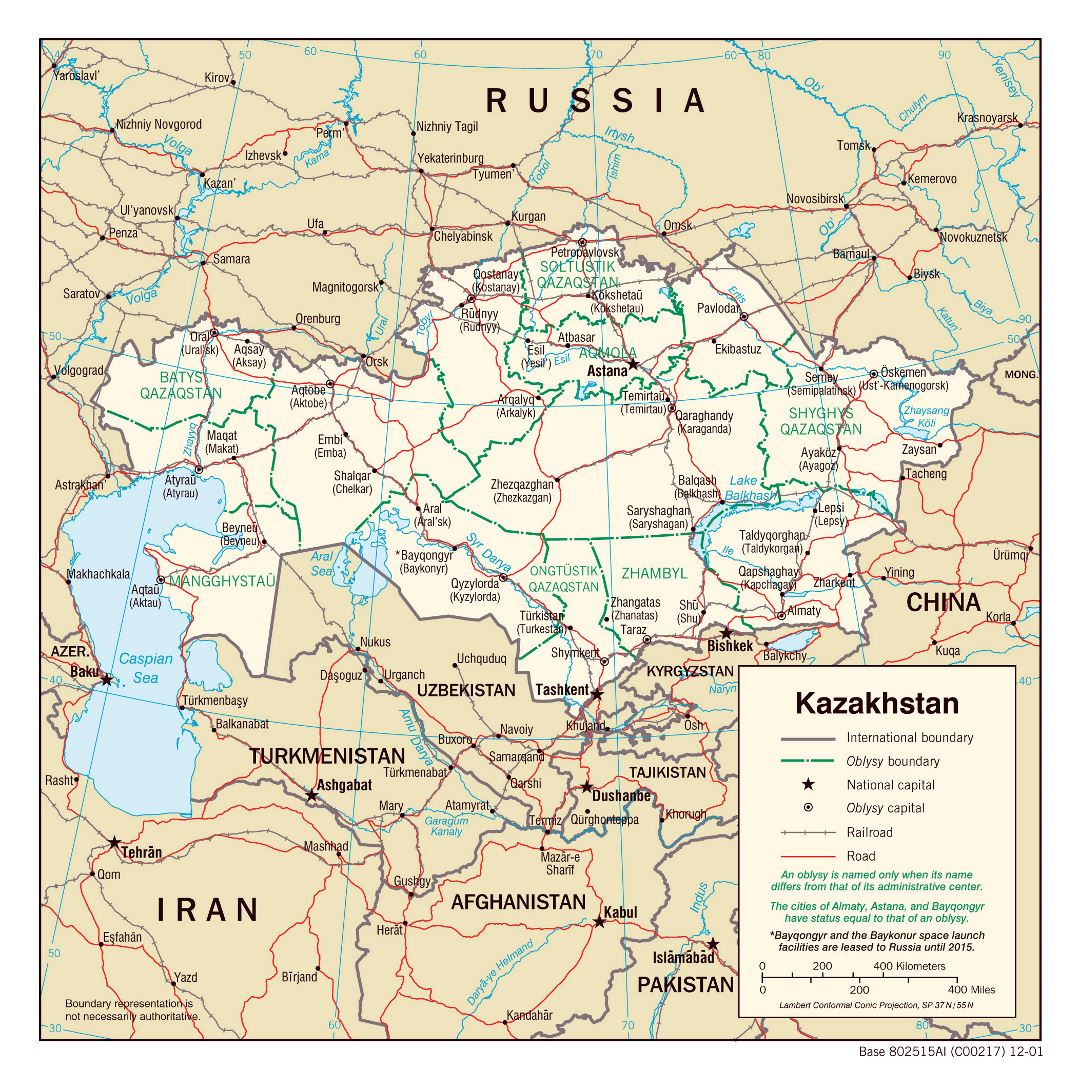 Grande mapa político y administrativo de Kazajstán con carreteras, ferrocarriles y grandes principales - 2001
