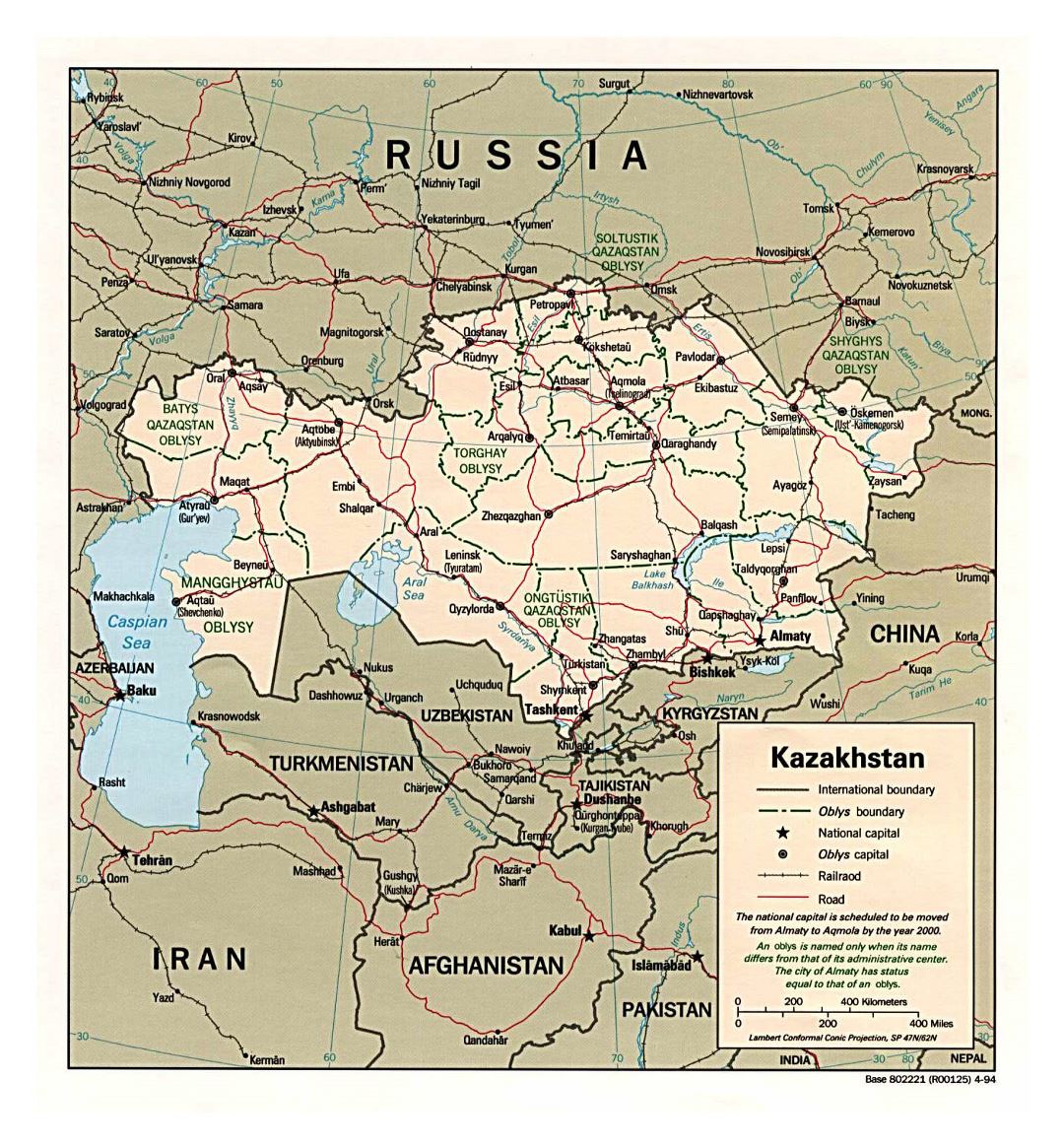 Grande mapa político y administrativo de Kazajstán con carreteras, ferrocarriles y principales ciudades - 1994