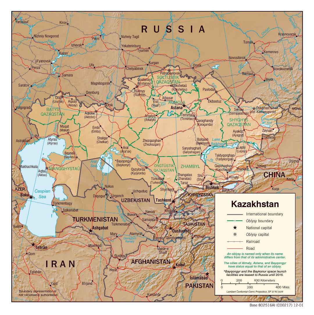 Grande mapa político y administrativo de Kazajstán con relieve, carreteras, ferrocarriles y grandes ciudades - 2001