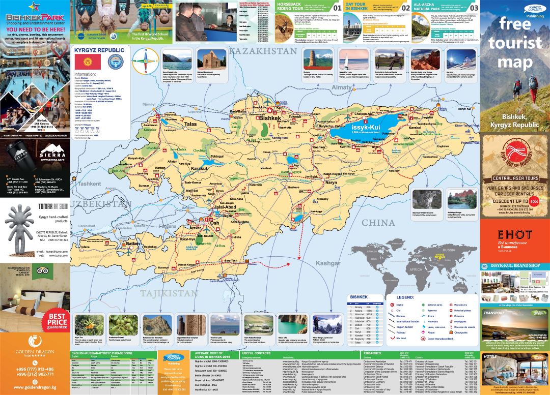 A gran escala detallado mapa turístico de Kirguistán