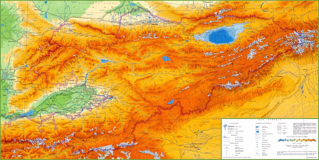 A gran escala mapa físico de Kirguistán con otras marcas