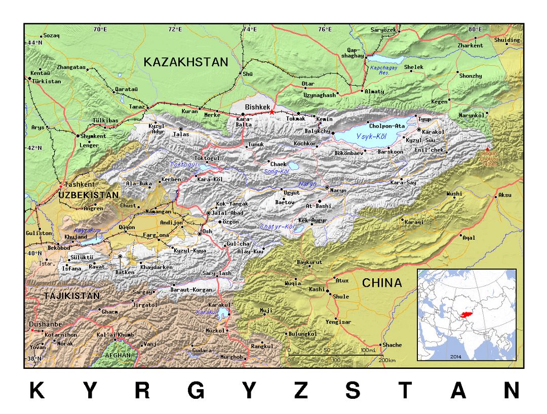 Detallado mapa político de Kirguistán con relieve