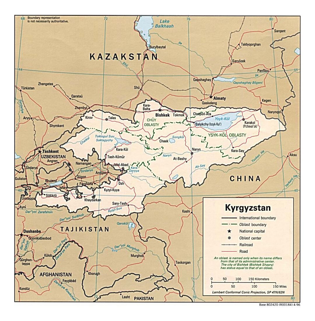Detallado mapa político y administrativo de Kirguistán con carreteras, ferrocarriles y principales ciudades - 1996