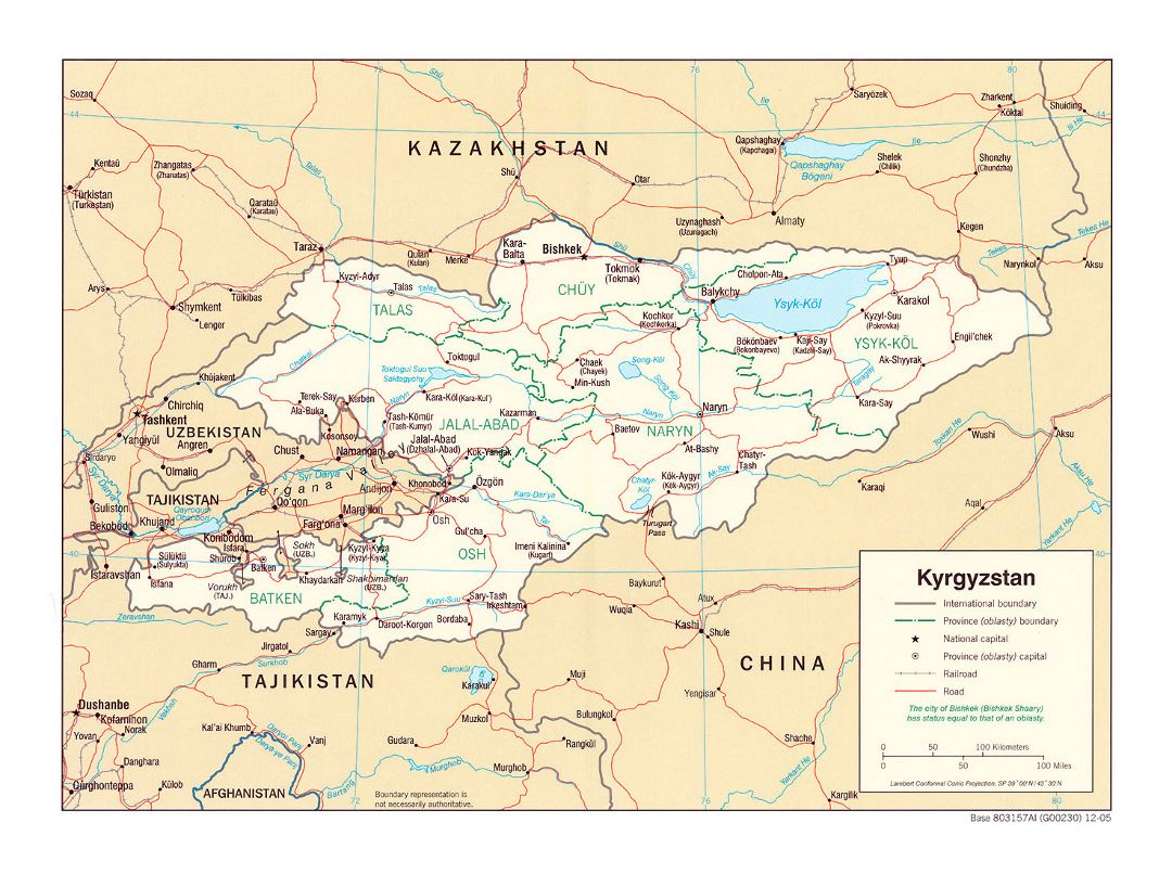Detallado mapa político y administrativo de Kirguistán con carreteras, ferrocarriles y principales ciudades - 2005