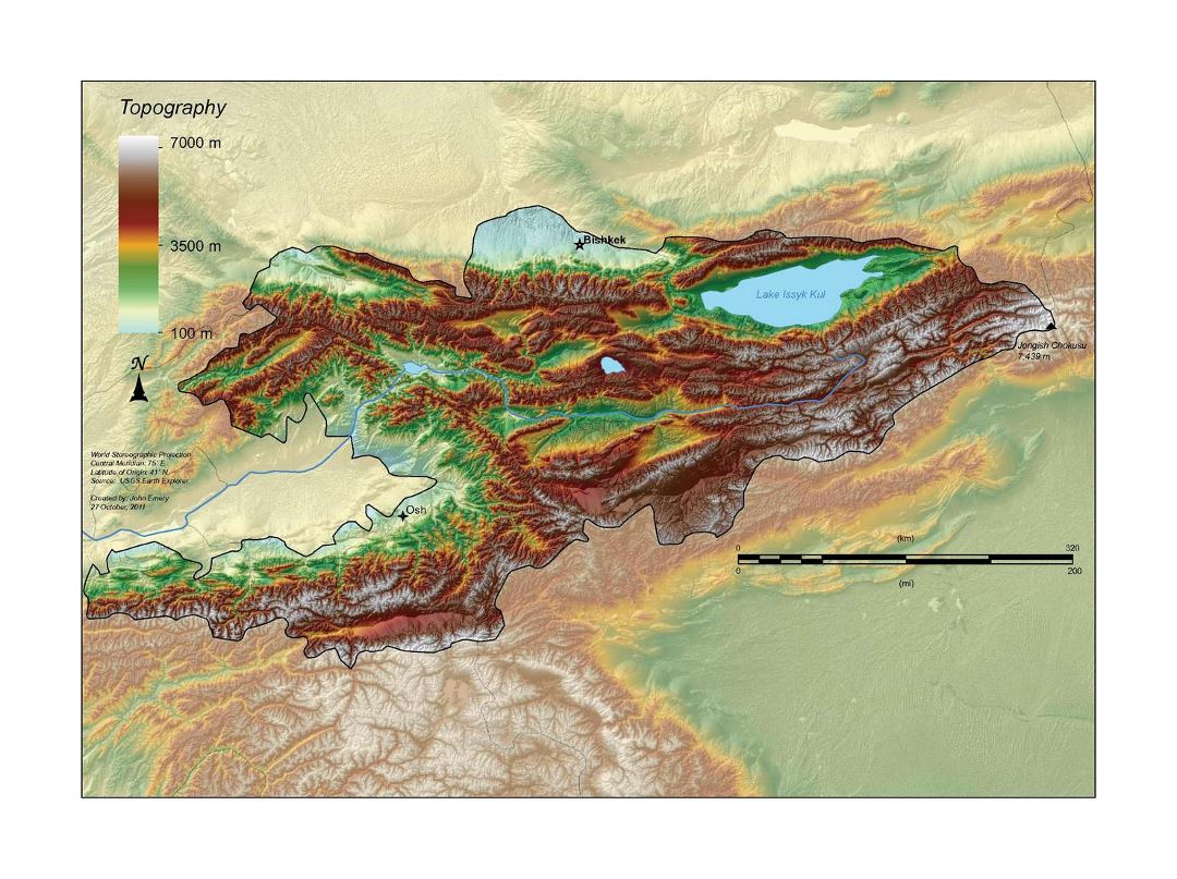 Detallado mapa topográfico de Kirguistán