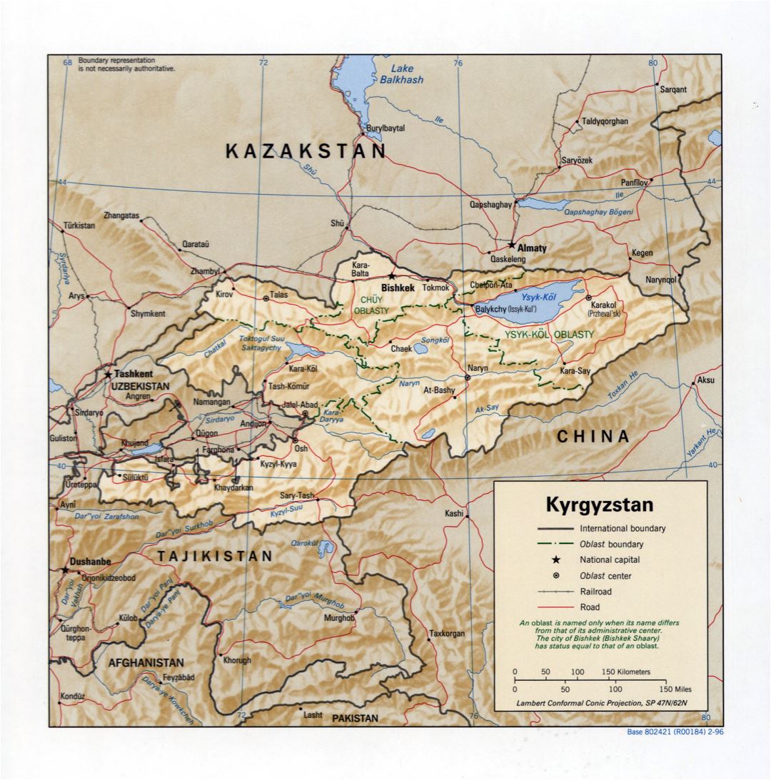 Grande detallado mapa político y administrativo de Kirguistán con relieve, carreteras, ferrocarriles y principales ciudades - 1996