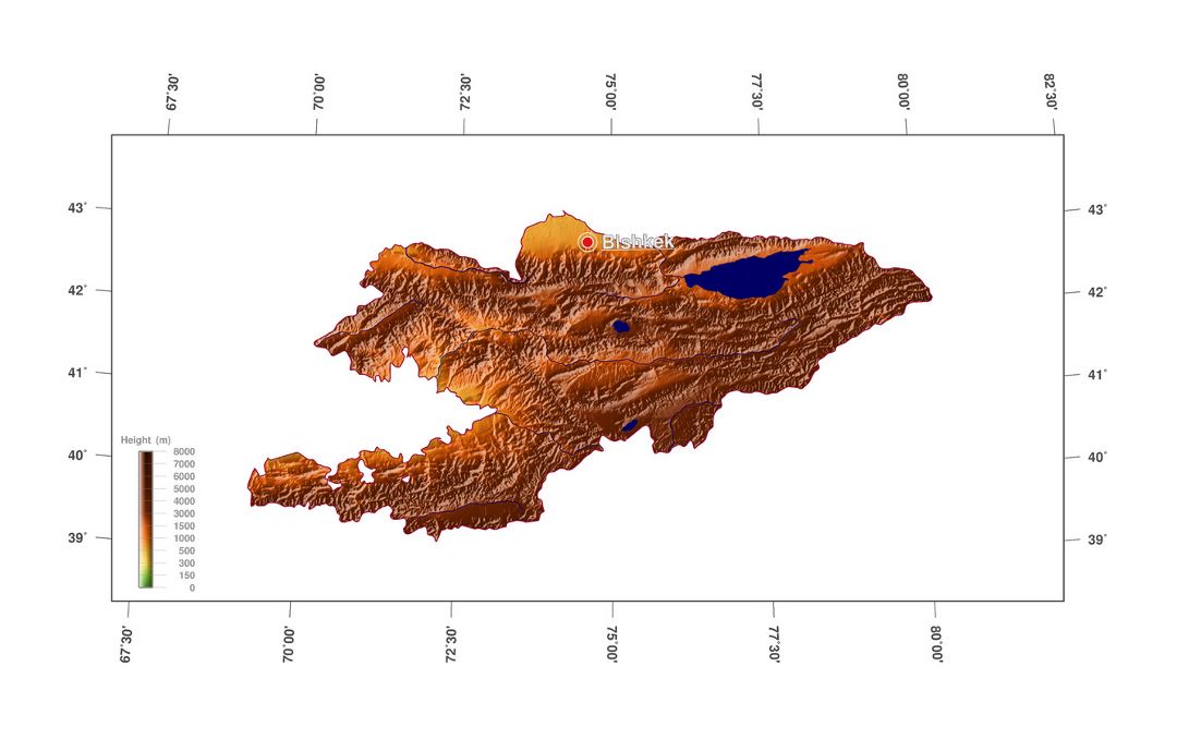 Grande mapa de elevación de Kirguistán