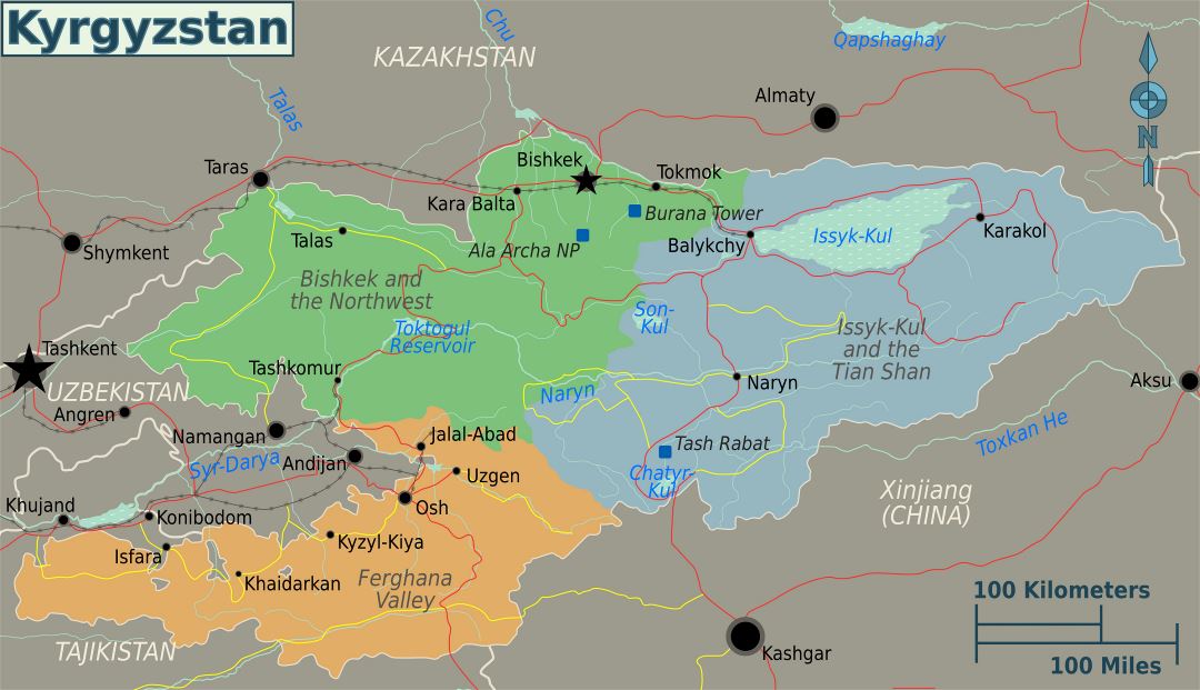 Grande mapa de regiones de Kirguistán