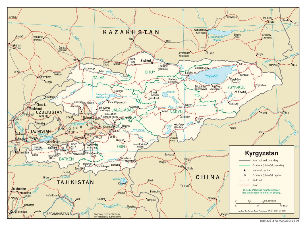 Grande mapa político y administrativo de Kirguistán con carreteras, ferrocarriles y principales ciudades - 2005