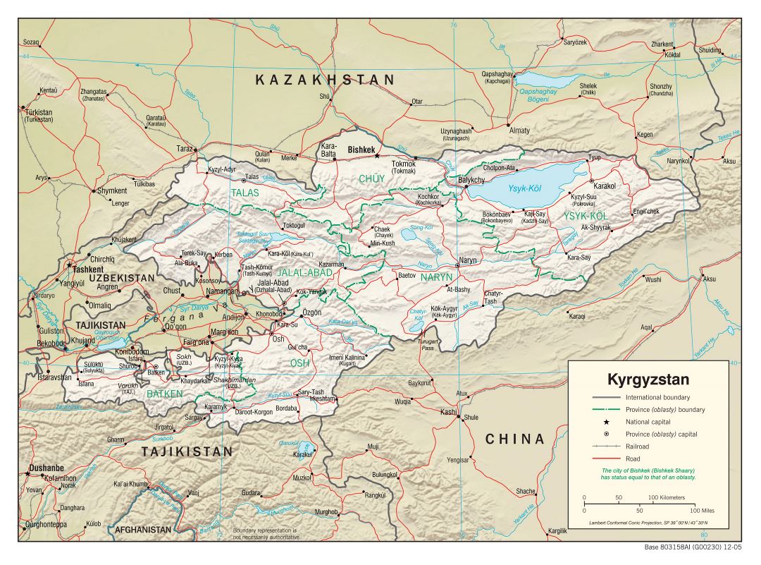 Grande mapa político y administrativo de Kirguistán con relieve, carreteras, ferrocarriles y principales ciudades - 2005