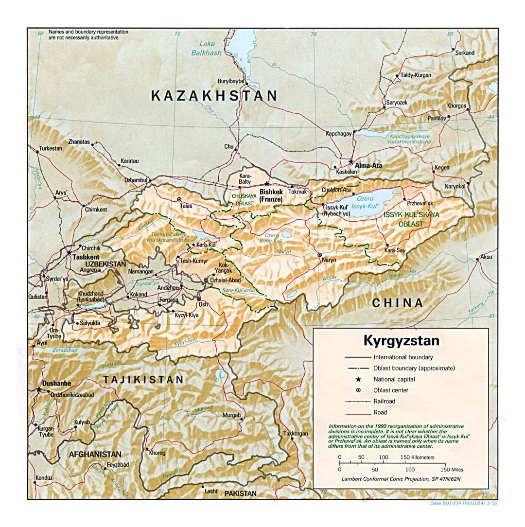 Grande mapa político y administrativo de Kirguistán con socorro, carreteras, ferrocarriles y principales ciudades - 1992