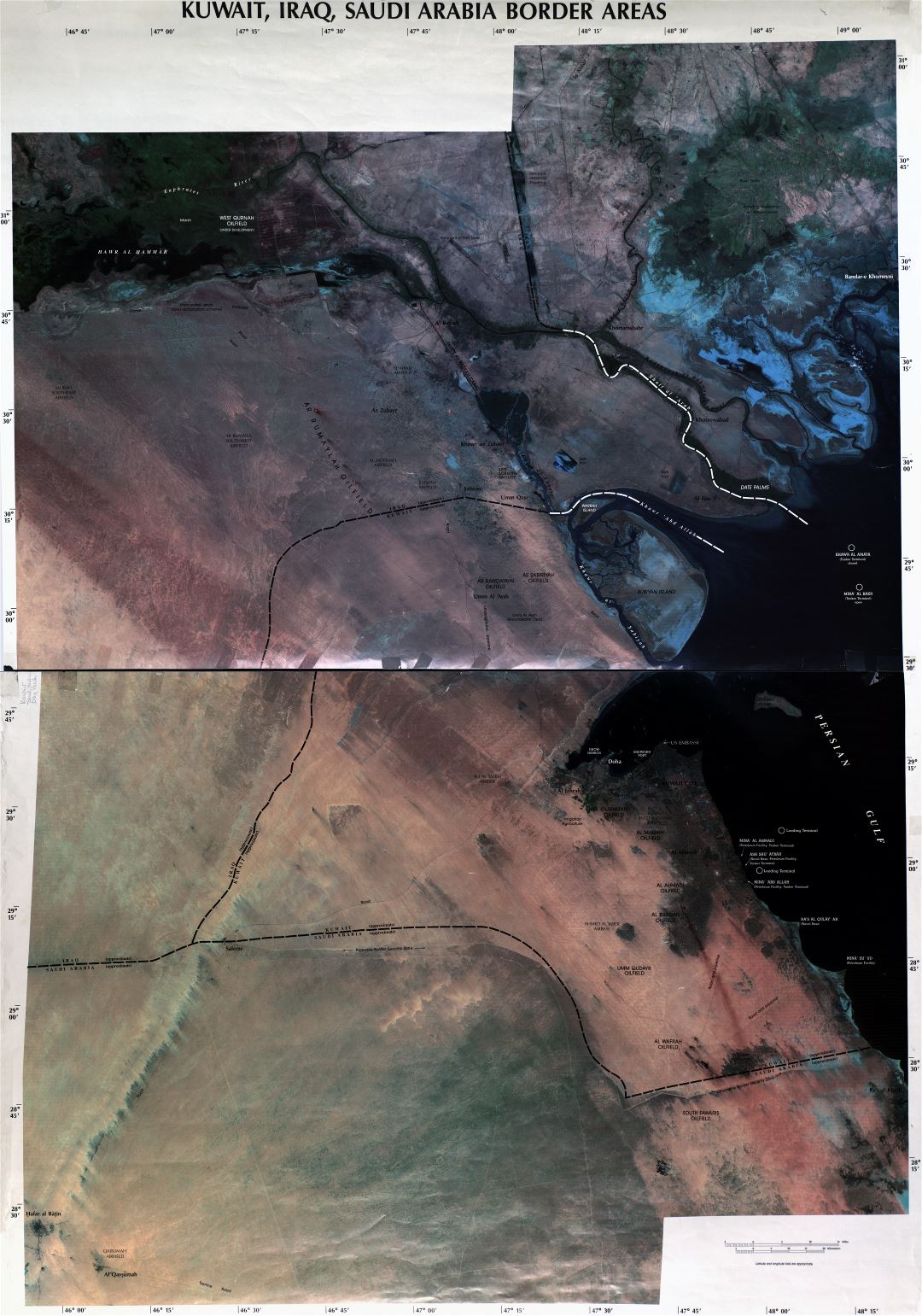 A gran escala detallado mapa satelital de las zonas fronterizas de Kuwait, Iraq y Arabia Saudita - 2003